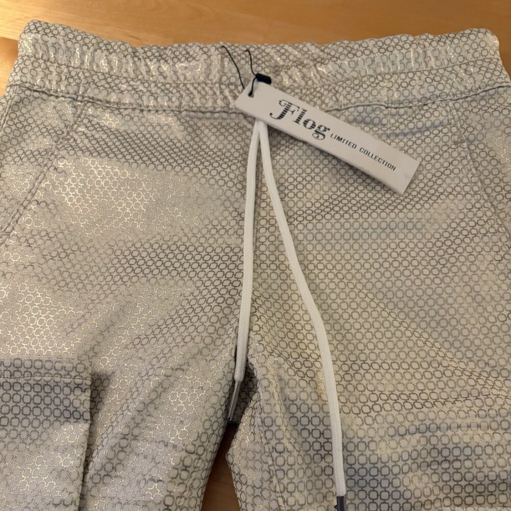 Bevy Flog Shely Pant NWT Size 24 Ivory & Gold Micro-Geo Tailored Slim